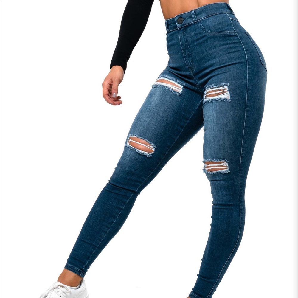 Fit Jeans 4 Hole Ripped High Waisted - Azure Blue